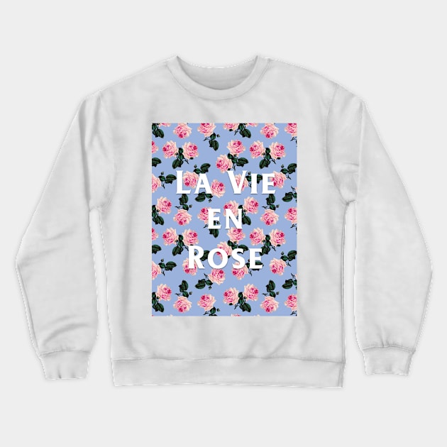 La Vie En Rose - Scattered pink vintage roses on blue Crewneck Sweatshirt by bettyretro